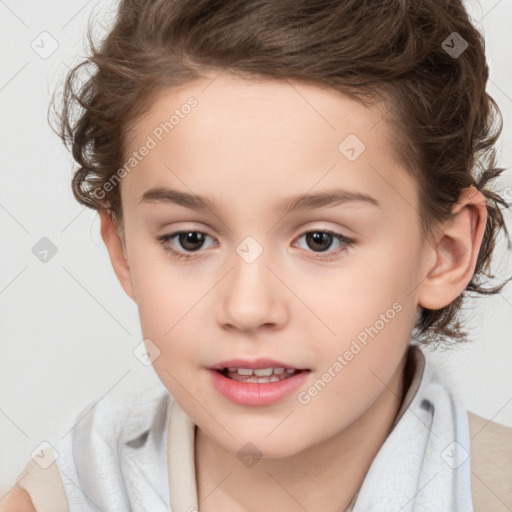 Joyful white child female with medium  brown hair and brown eyes