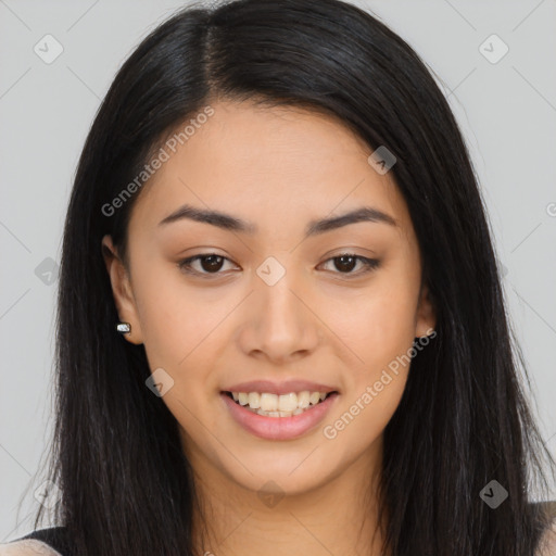 Joyful asian young-adult female with long  brown hair and brown eyes