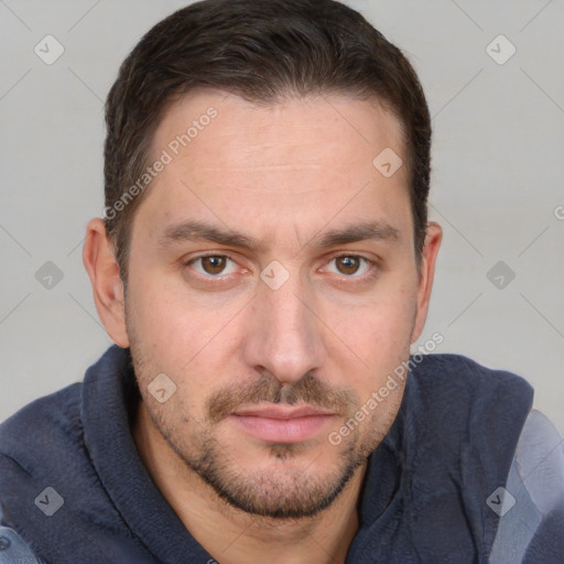 Neutral white young-adult male with short  brown hair and brown eyes