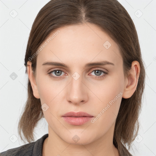 Neutral white young-adult female with medium  brown hair and grey eyes