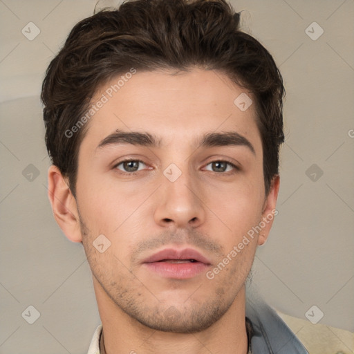 Neutral white young-adult male with short  brown hair and brown eyes