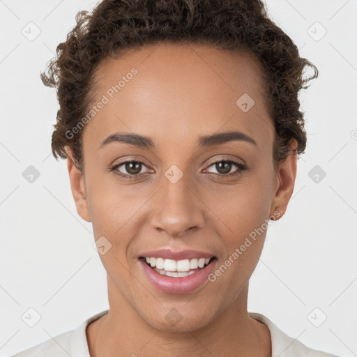 Joyful white young-adult female with short  brown hair and brown eyes