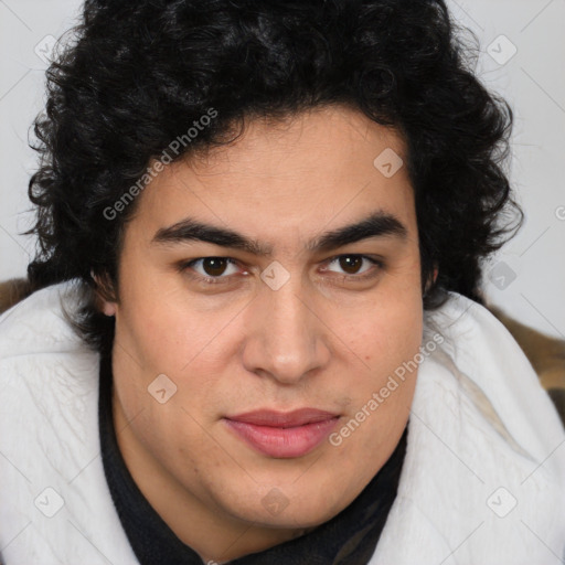 Joyful white young-adult male with medium  brown hair and brown eyes