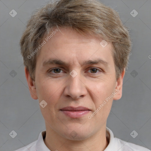 Joyful white adult male with short  brown hair and grey eyes