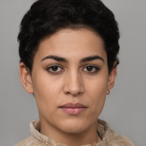 Neutral latino young-adult female with short  brown hair and brown eyes