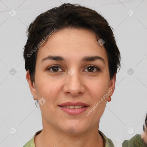 Joyful white young-adult female with short  brown hair and brown eyes