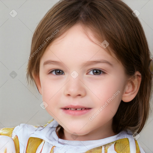 Joyful white child female with medium  brown hair and brown eyes