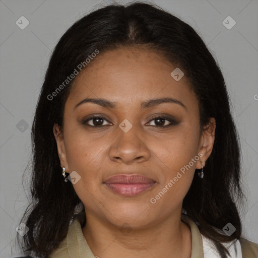 Joyful black young-adult female with medium  brown hair and brown eyes