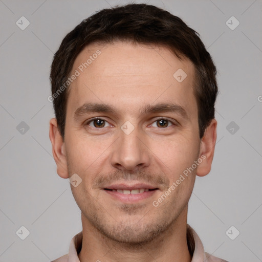 Joyful white young-adult male with short  brown hair and brown eyes