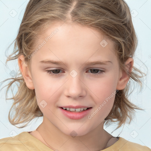 Joyful white child female with medium  brown hair and brown eyes