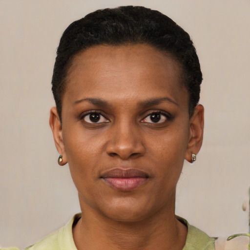 Joyful black young-adult female with short  black hair and brown eyes