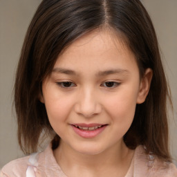 Joyful white child female with medium  brown hair and brown eyes