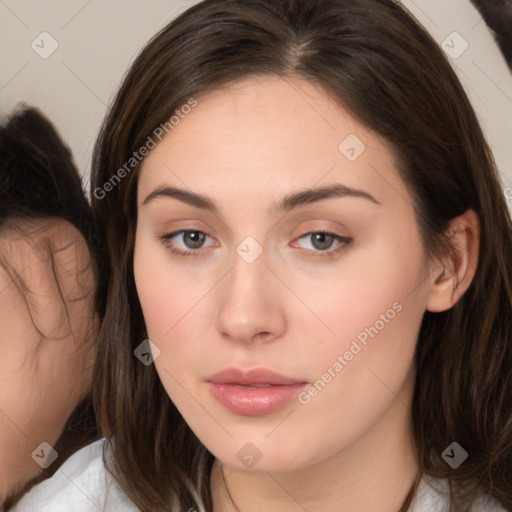 Neutral white young-adult female with medium  brown hair and brown eyes