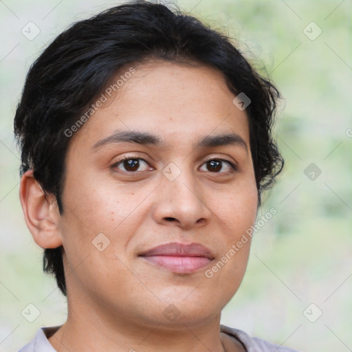 Joyful latino young-adult female with short  brown hair and brown eyes