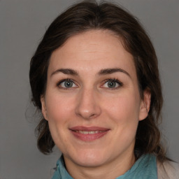 Joyful white adult female with medium  brown hair and brown eyes