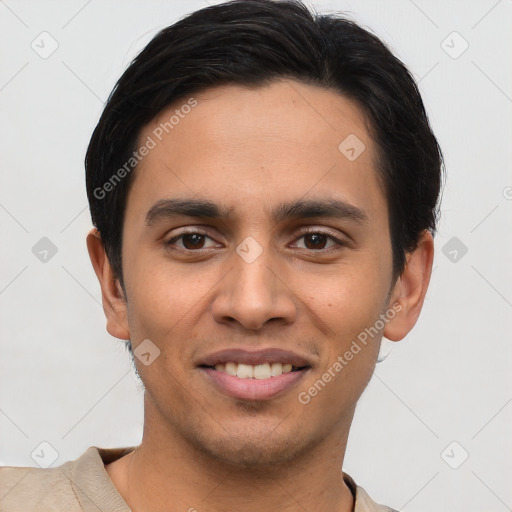 Joyful asian young-adult male with short  black hair and brown eyes