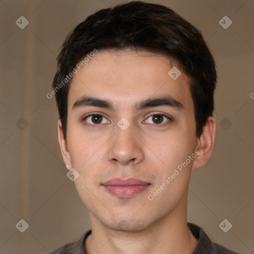 Neutral white young-adult male with short  brown hair and brown eyes