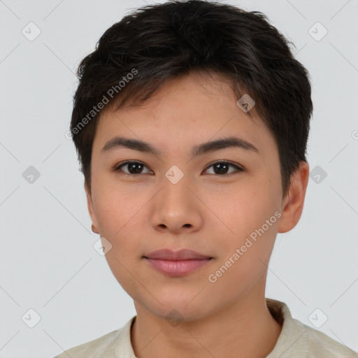 Neutral asian young-adult female with short  brown hair and brown eyes