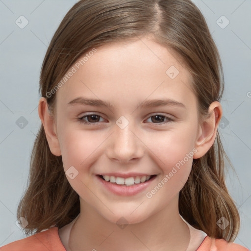 Joyful white child female with medium  brown hair and brown eyes