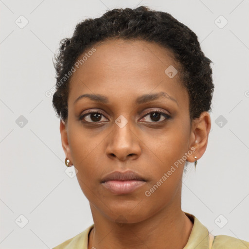 Neutral black young-adult female with short  brown hair and brown eyes