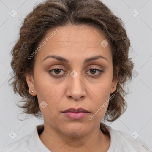 Neutral white young-adult female with medium  brown hair and brown eyes