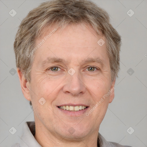 Joyful white middle-aged male with short  brown hair and brown eyes