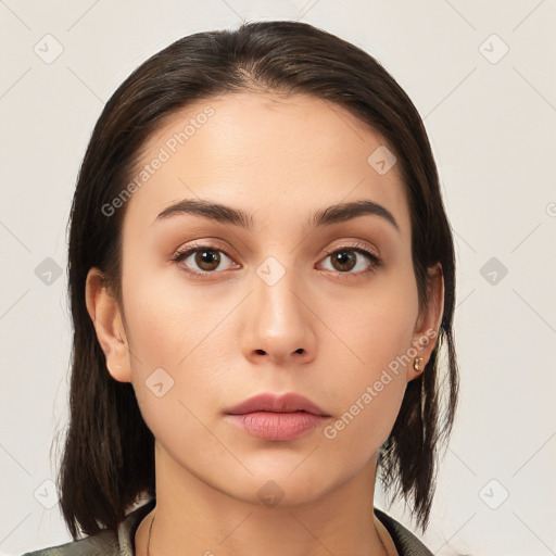 Neutral white young-adult female with medium  brown hair and brown eyes