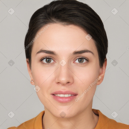 Joyful white young-adult female with short  brown hair and brown eyes