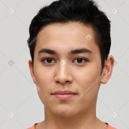 Neutral latino young-adult male with short  brown hair and brown eyes