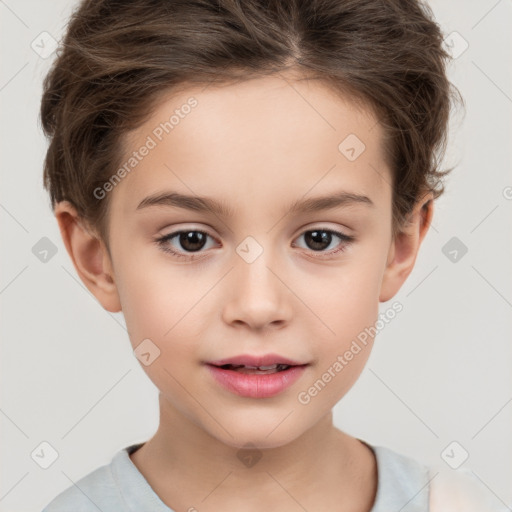 Joyful white child female with short  brown hair and brown eyes