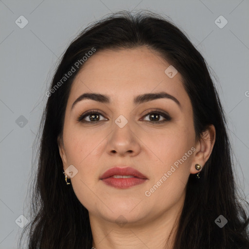 Joyful white young-adult female with long  brown hair and brown eyes