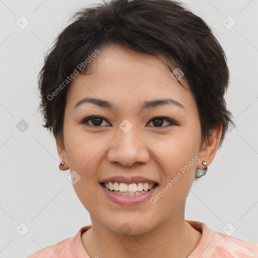 Joyful asian young-adult female with short  brown hair and brown eyes