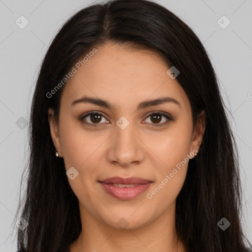 Joyful latino young-adult female with long  brown hair and brown eyes