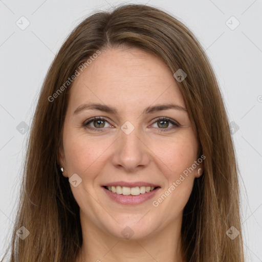 Joyful white young-adult female with long  brown hair and grey eyes