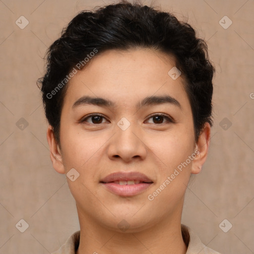 Joyful latino young-adult female with short  brown hair and brown eyes