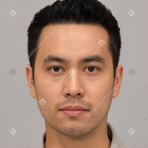 Neutral asian young-adult male with short  black hair and brown eyes