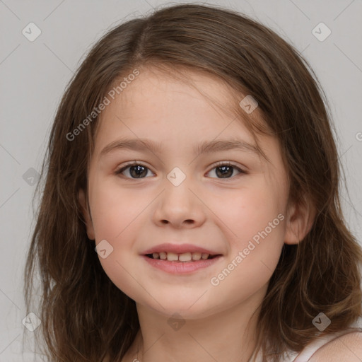 Joyful white child female with medium  brown hair and brown eyes