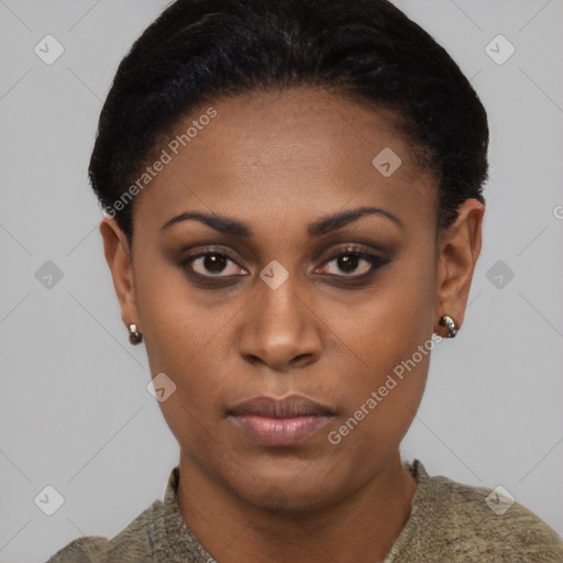 Neutral black young-adult female with short  black hair and brown eyes