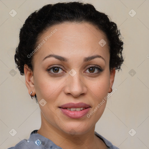 Joyful latino young-adult female with short  brown hair and brown eyes