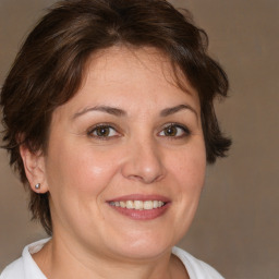 Joyful white adult female with medium  brown hair and brown eyes