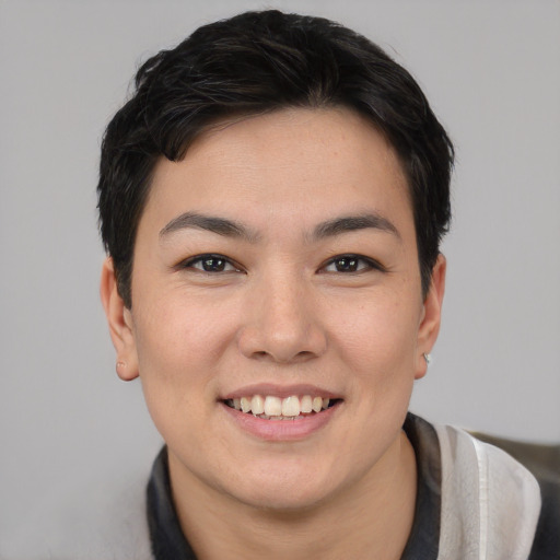 Joyful asian young-adult female with short  black hair and brown eyes