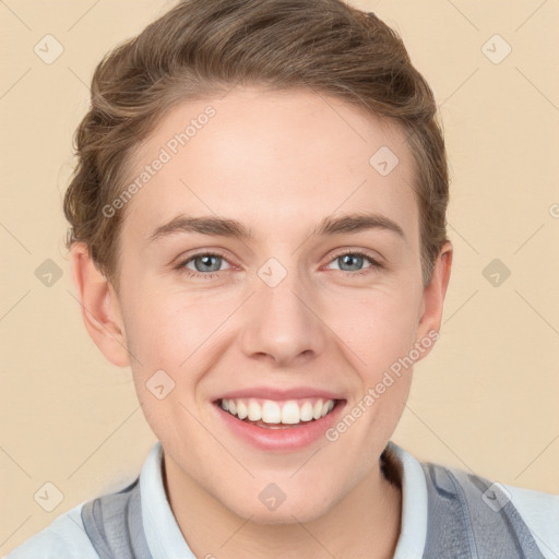 Joyful white young-adult female with short  brown hair and grey eyes