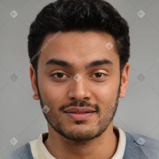 Joyful latino young-adult male with short  black hair and brown eyes