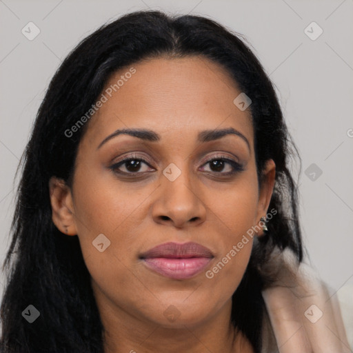 Joyful latino young-adult female with long  brown hair and brown eyes