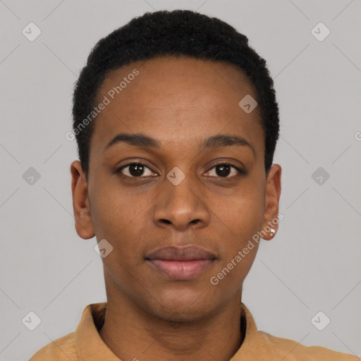Neutral black young-adult female with short  black hair and brown eyes