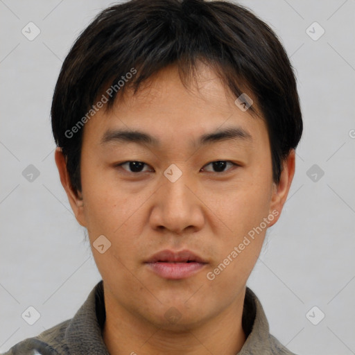 Neutral asian young-adult male with short  brown hair and brown eyes