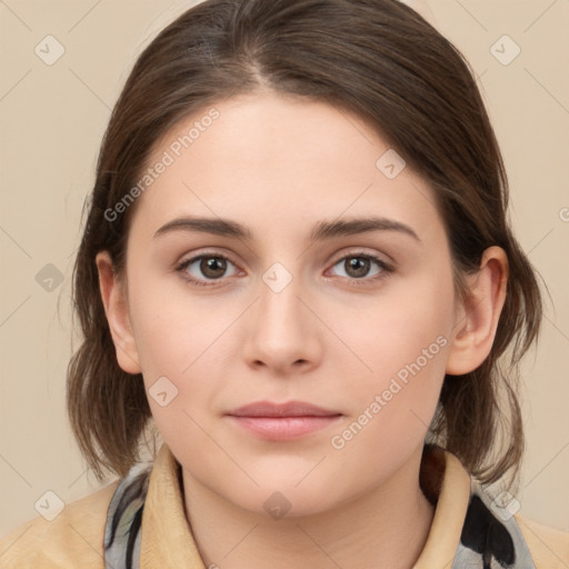 Neutral white young-adult female with medium  brown hair and brown eyes