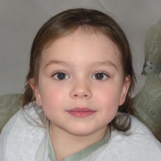 Neutral white child female with medium  brown hair and blue eyes