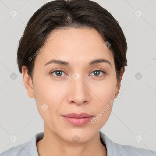 Neutral white young-adult female with short  brown hair and brown eyes