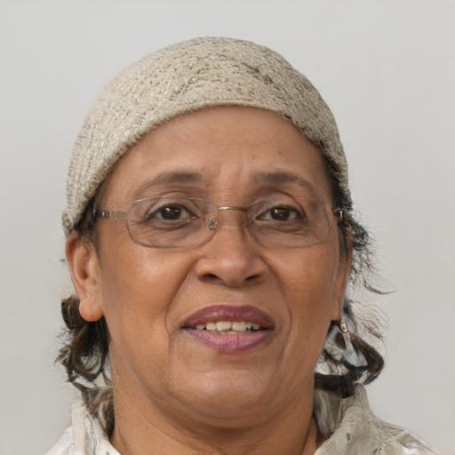 Joyful white middle-aged female with medium  brown hair and brown eyes